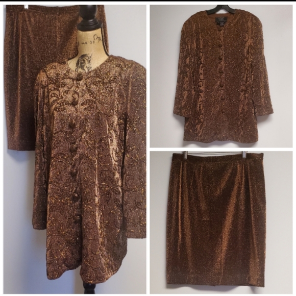 Carmen Marc Valvo Jackets & Blazers - 90s Carmen Marc Valvo Bronze Gold Metallic Beaded Vintage  Jacket Skirt Set 16